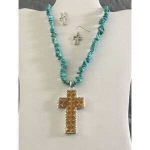 Beautiful Genuine Turquoise Gemstone & Gold Foil Cross Necklace/Earring Set